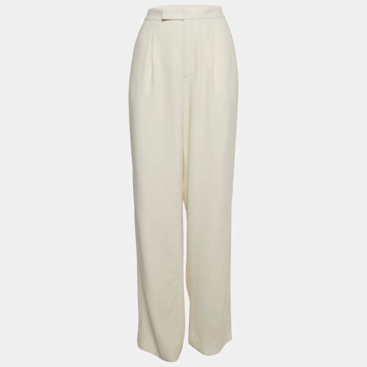 Pre Owned Ralph Lauren Purple Label Off-White Crepe Contrast Trim Straight Leg Trousers M