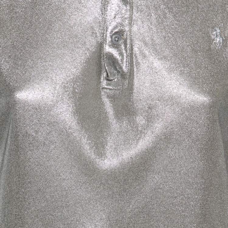 Pre Owned Ralph Lauren Purple Label Silver Metallic Silk-Knit Polo T-Shirt M