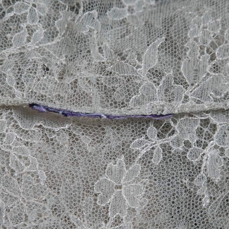Pre Owned Ralph Lauren Purple Label Beige Lace Crepe Trimmed Button Front Shirt Blouse M