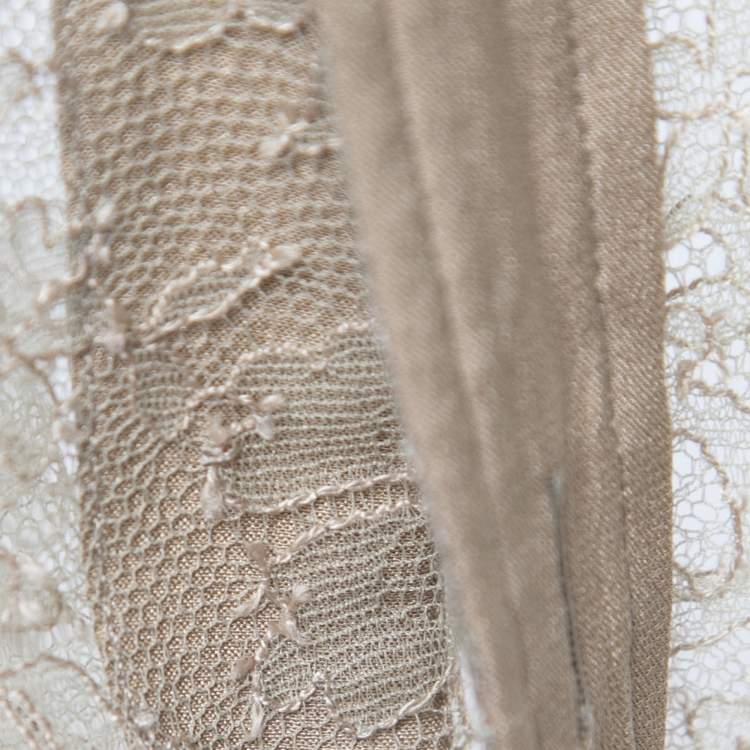Pre Owned Ralph Lauren Purple Label Beige Lace Crepe Trimmed Button Front Shirt Blouse M