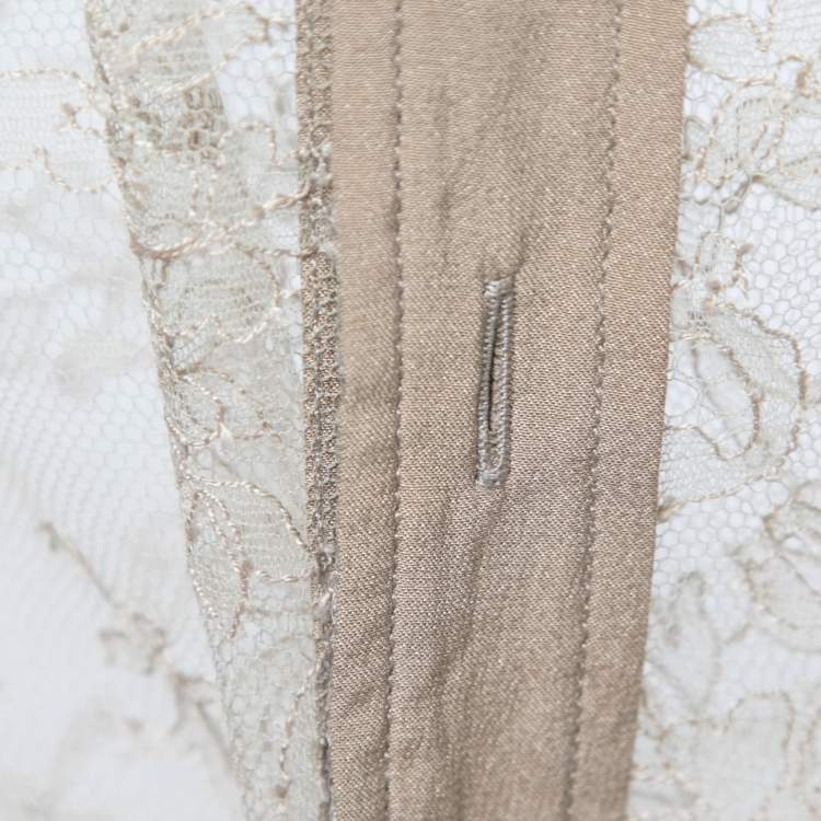 Pre Owned Ralph Lauren Purple Label Beige Lace Crepe Trimmed Button Front Shirt Blouse M