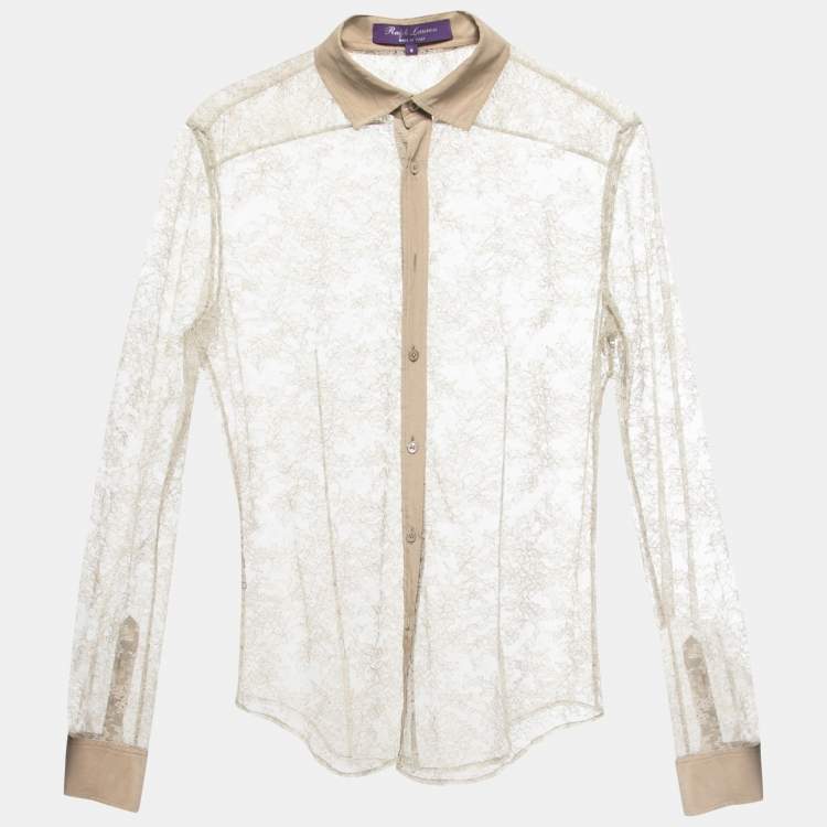 Pre Owned Ralph Lauren Purple Label Beige Lace Crepe Trimmed Button Front Shirt Blouse M