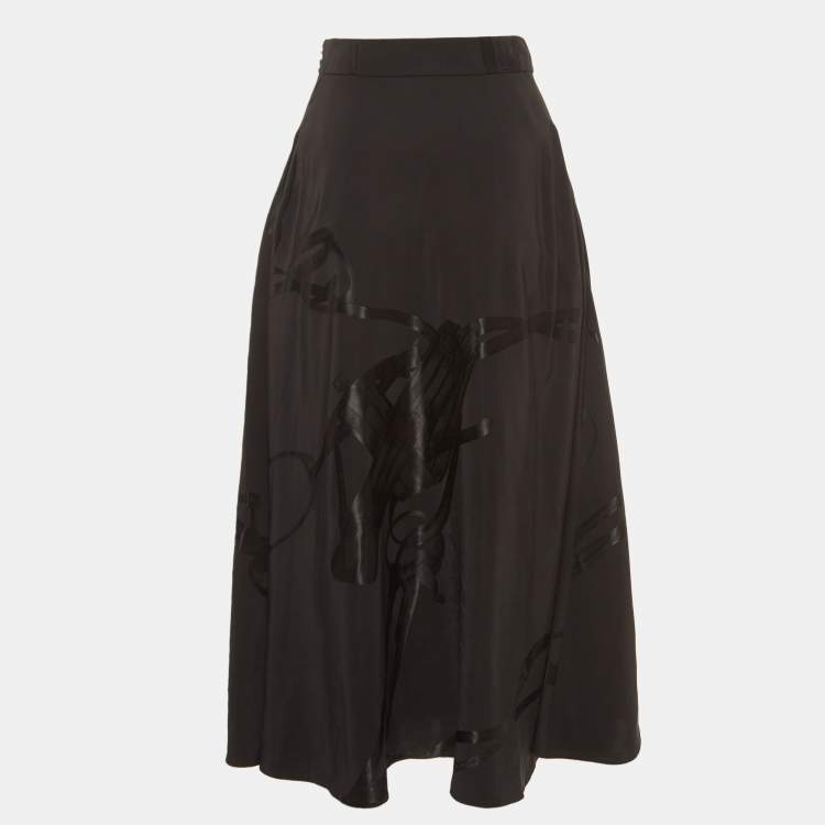 Pre Owned Ralph Lauren Purple Label Black Patterned Crepe Midi Skirt S