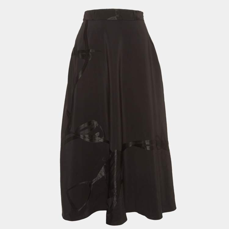Pre Owned Ralph Lauren Purple Label Black Patterned Crepe Midi Skirt S