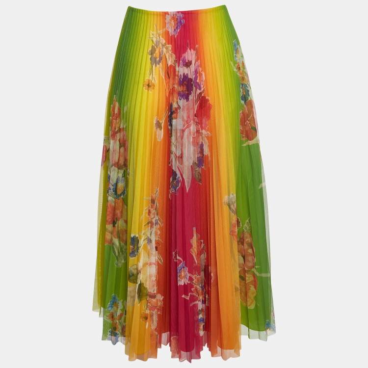 Pre Owned Ralph Lauren Purple Label Multicolor Floral Print Mesh Pleated Skirt M