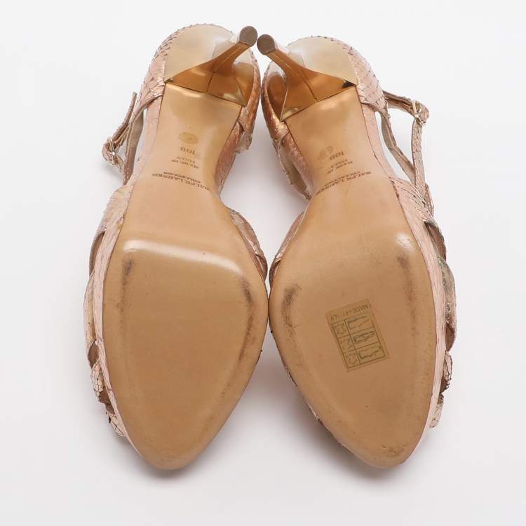 مملوكة مسبقًا Ralph Lauren Purple Label Size 40.5 Rose Gold Python Leather Ankle Strap Sandals