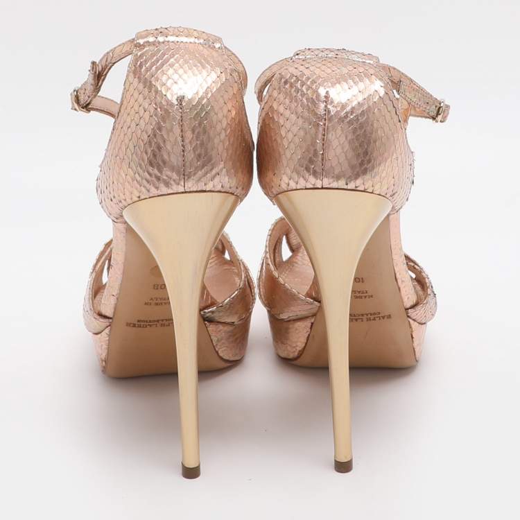 مملوكة مسبقًا Ralph Lauren Purple Label Size 40.5 Rose Gold Python Leather Ankle Strap Sandals