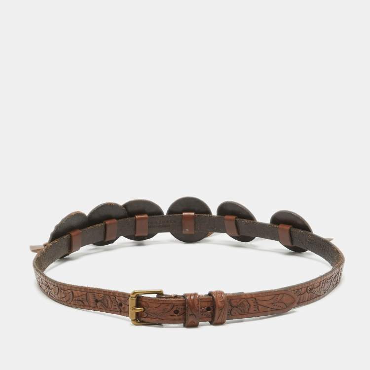 Pre Owned Ralph Lauren Dark Brown Leather Embossed Waist Buckle Belt M