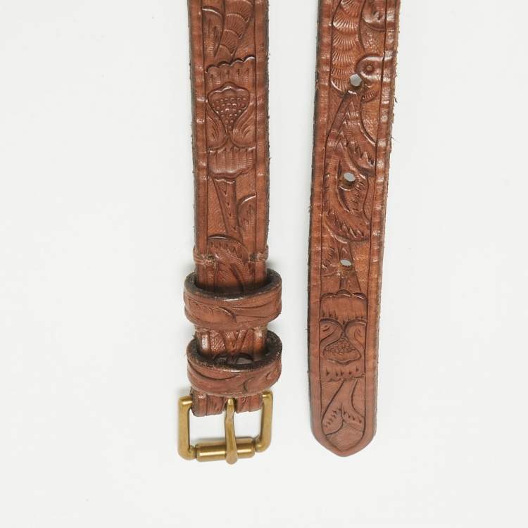 Pre Owned Ralph Lauren Dark Brown Leather Embossed Waist Buckle Belt M