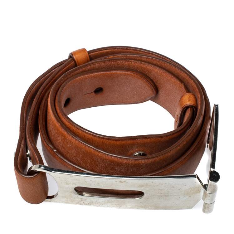 Pre Owned Ralph Lauren Tan Leather Hinge Pull Bar Belt 90CM