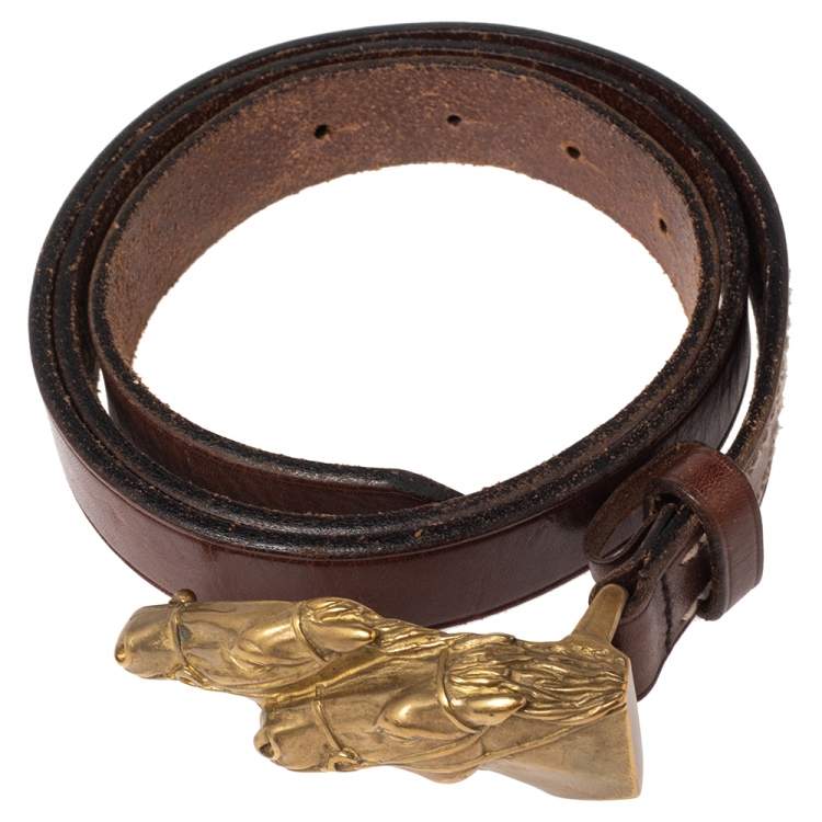 Pre Owned Ralph Lauren Brown Leather Double Horse Head Buckle Belt 90CM