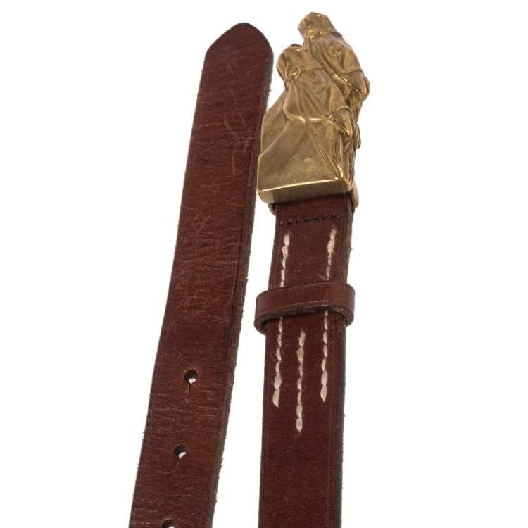 Pre Owned Ralph Lauren Brown Leather Double Horse Head Buckle Belt 90CM