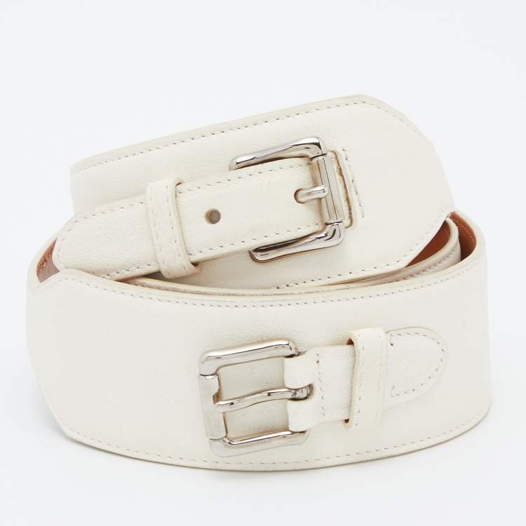 Pre Owned Ralph Lauren Cream Leather Buckle Waist Belt 80CM