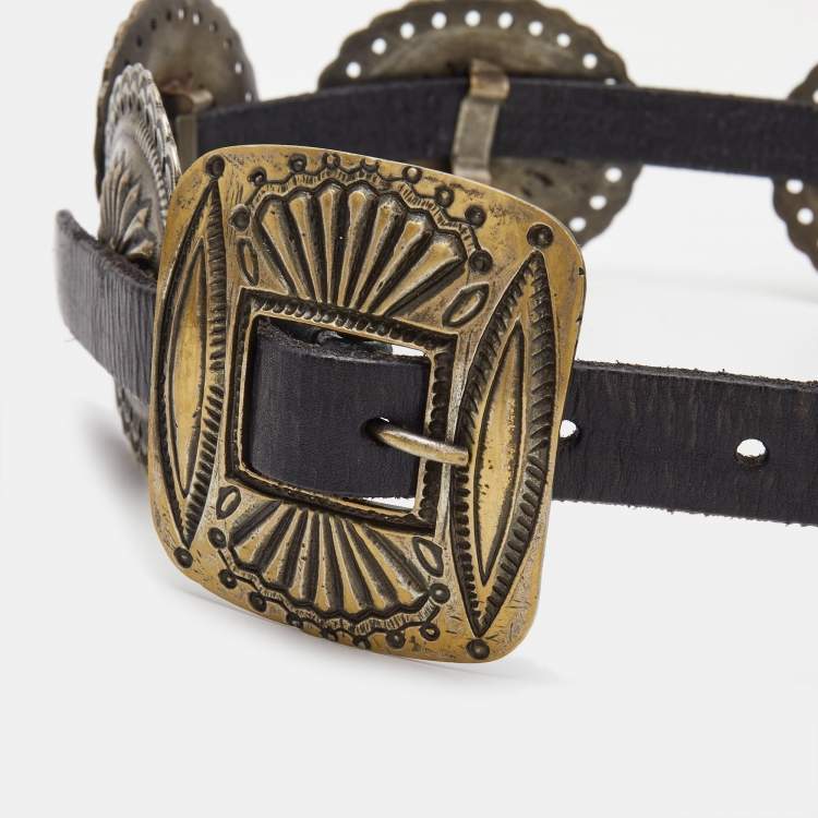 Pre Owned Ralph Lauren Black Leather Crest Embellished Belt S