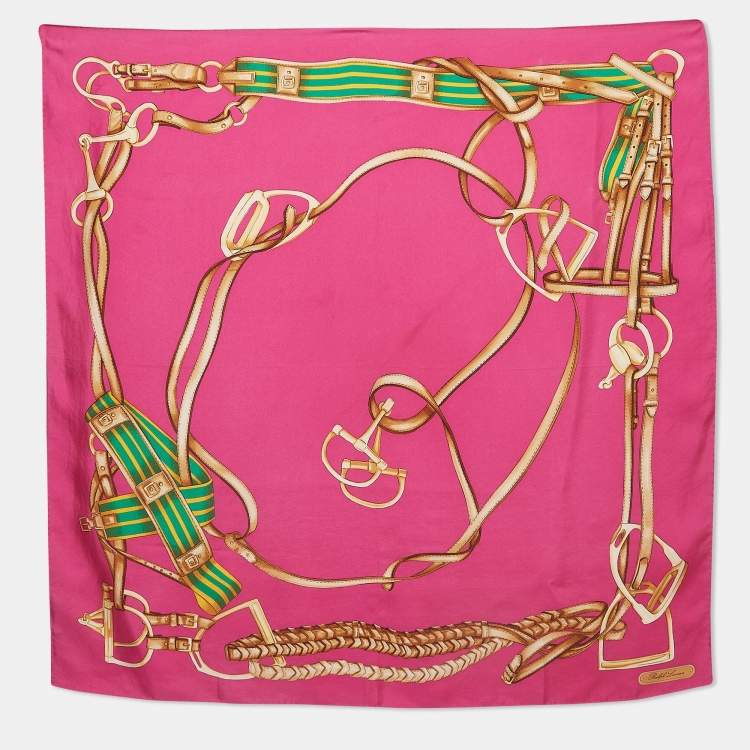 Pre Owned Ralph Lauren Pink  Horse Harness Print Silk Scarf