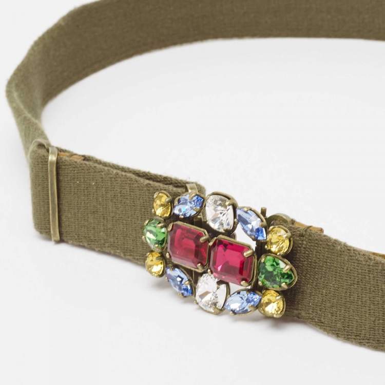 Pre Owned Ralph Lauren Olive Green Canvas Crystals Buckle Adjustable Belt L