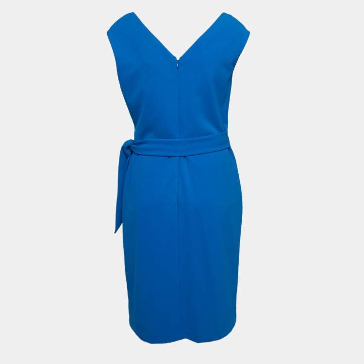 Pre Owned Ralph Lauren Blue Crepe Gathered V Neck Dress M