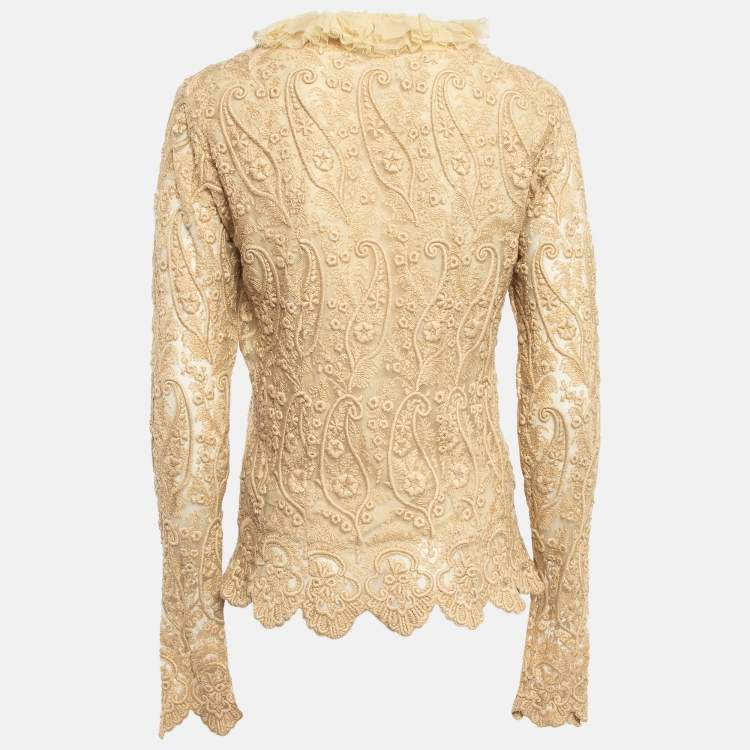 Pre Owned Ralph Lauren Vintage Beige Embroidered Tulle Blouse L