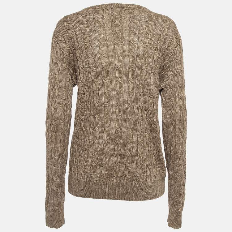 Pre Owned Ralph Lauren Brown Linen Cable Knit V-Neck Sweater XL