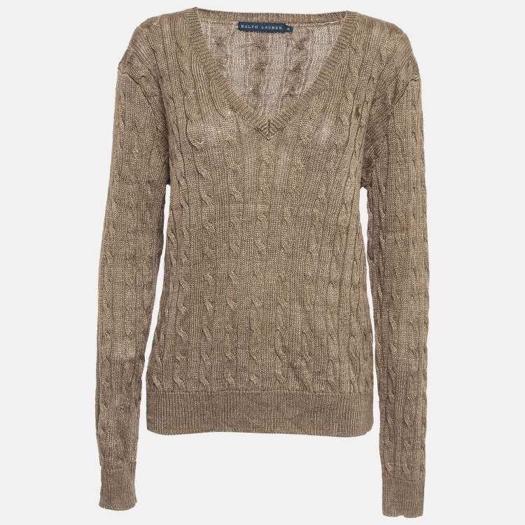 Pre Owned Ralph Lauren Brown Linen Cable Knit V-Neck Sweater XL