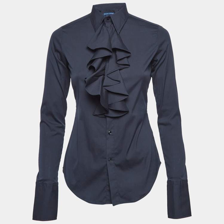 Pre Owned Ralph Lauren Navy Blue Cotton Blend Ruffled Collar Shirt S