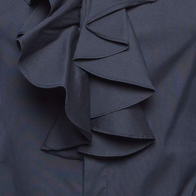 Pre Owned Ralph Lauren Navy Blue Cotton Blend Ruffled Collar Shirt S