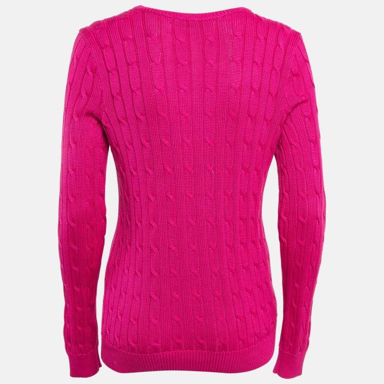 Pre Owned Ralph Lauren Pink Cable Knit V-Neck Long Sleeve Sweater L