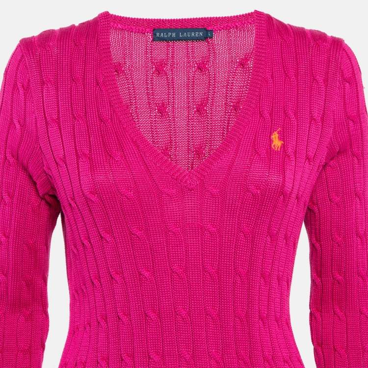 Pre Owned Ralph Lauren Pink Cable Knit V-Neck Long Sleeve Sweater L