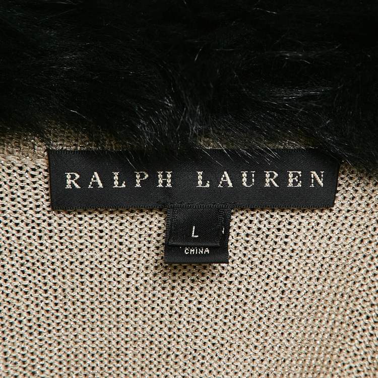 Pre Owned Ralph Lauren Beige Shearling Trim Collar Lurex Knit Button Up Cardigan L