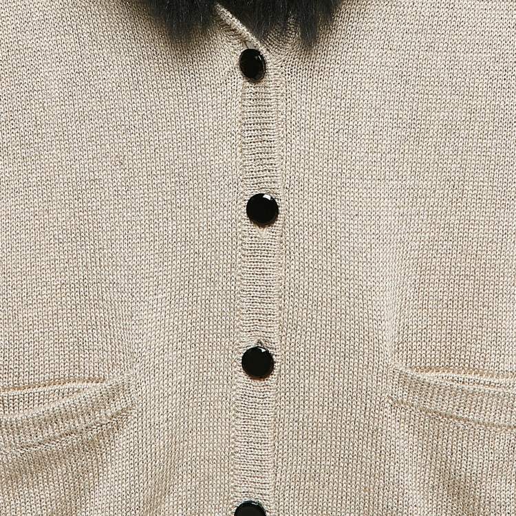 Pre Owned Ralph Lauren Beige Shearling Trim Collar Lurex Knit Button Up Cardigan L
