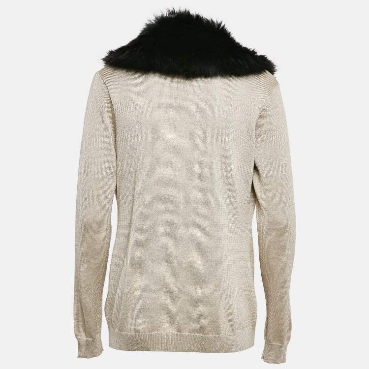 Pre Owned Ralph Lauren Beige Shearling Trim Collar Lurex Knit Button Up Cardigan L
