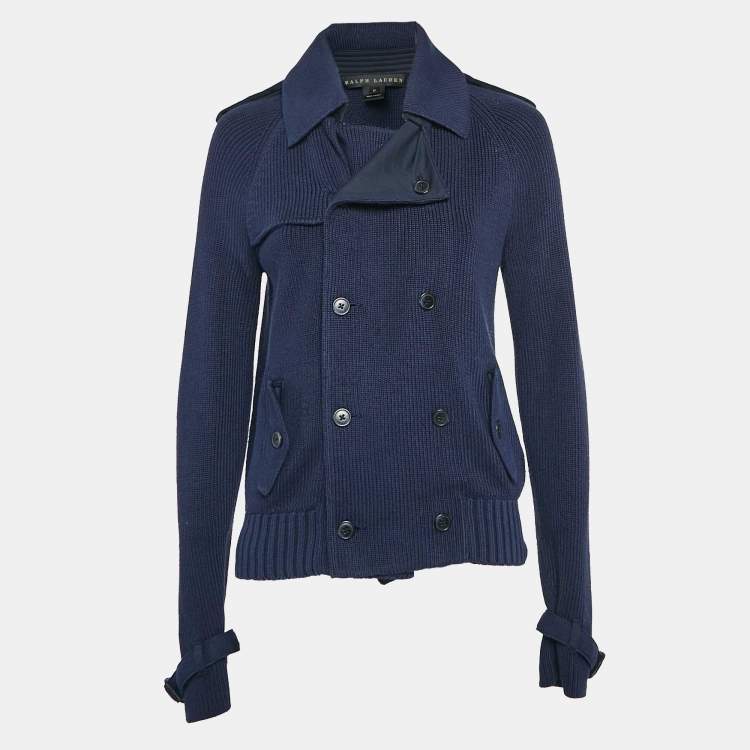 مملوكة مسبقًا Ralph Lauren Navy Blue Rib Knit Double Breasted Jacket M