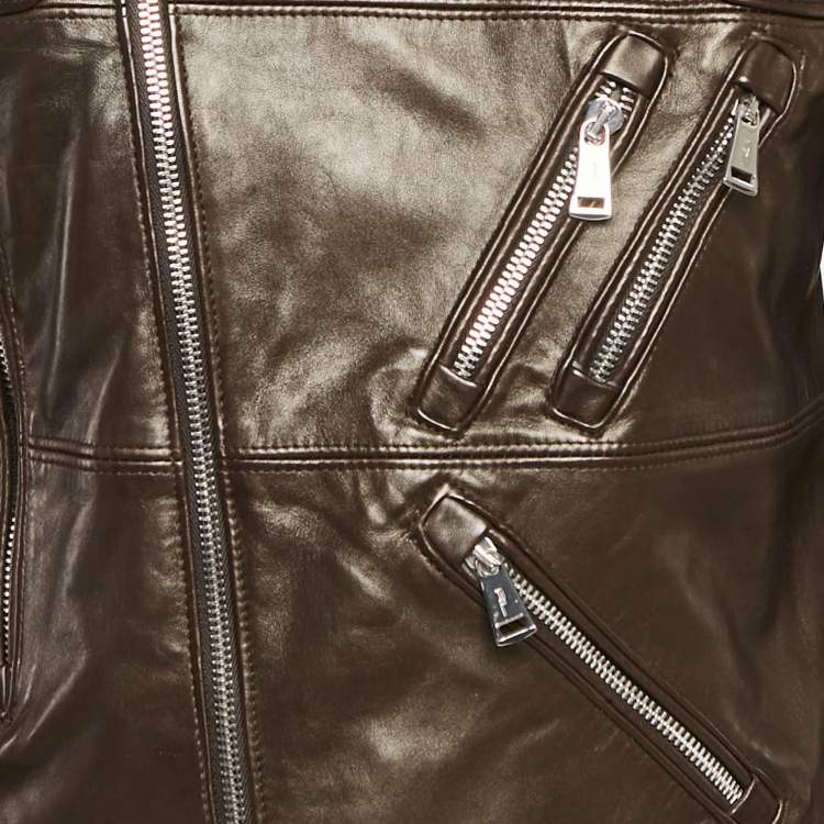 Pre Owned Ralph Lauren Leather Brown Leather Zip Detail Riders Jacket M