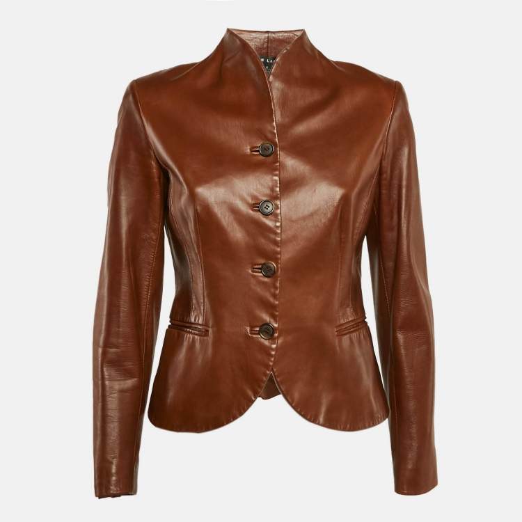 Pre Owned Ralph Lauren Brown Leather Leather Button Front Jacket M
