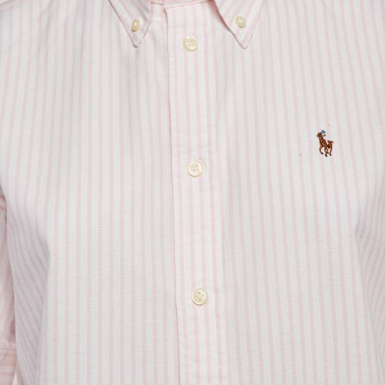 Pre Owned Ralph Lauren White/Pink Stripe Cotton Half Sleeve Shirt M