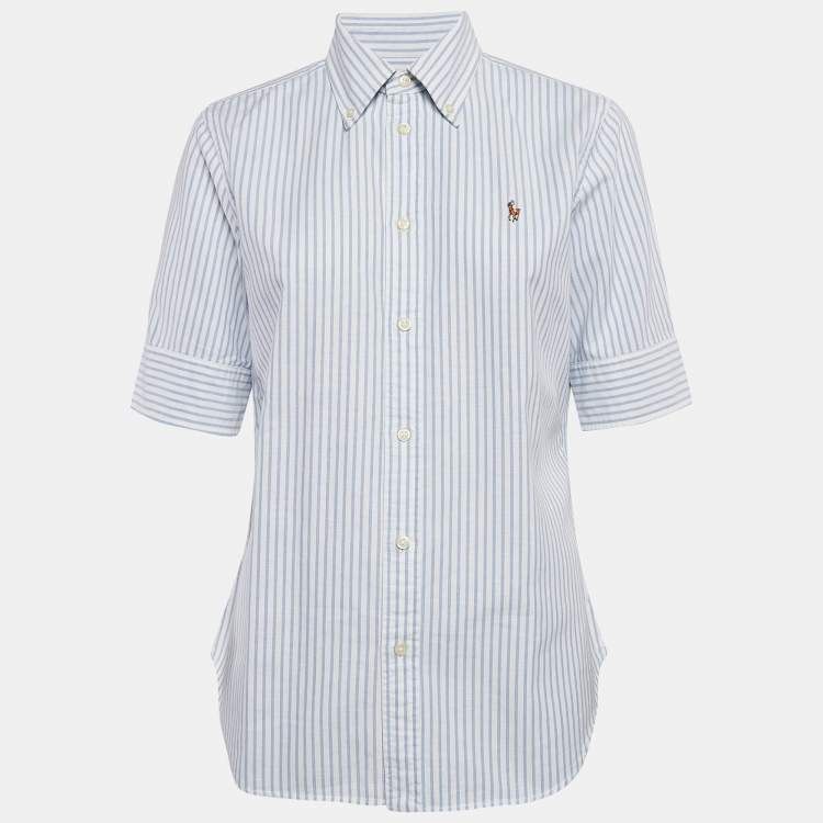 Pre Owned Ralph Lauren White/Blue Stripe Cotton Half Sleeve Shirt M