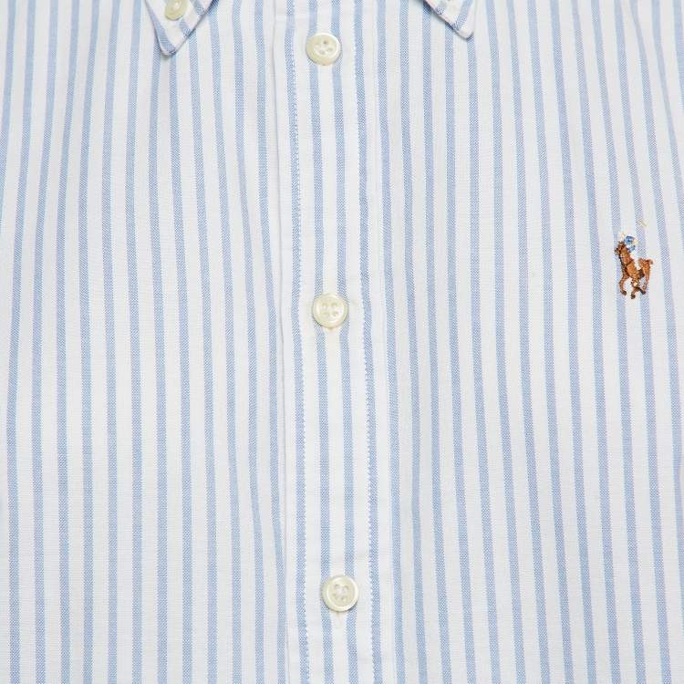 Pre Owned Ralph Lauren White/Blue Stripe Cotton Half Sleeve Shirt M