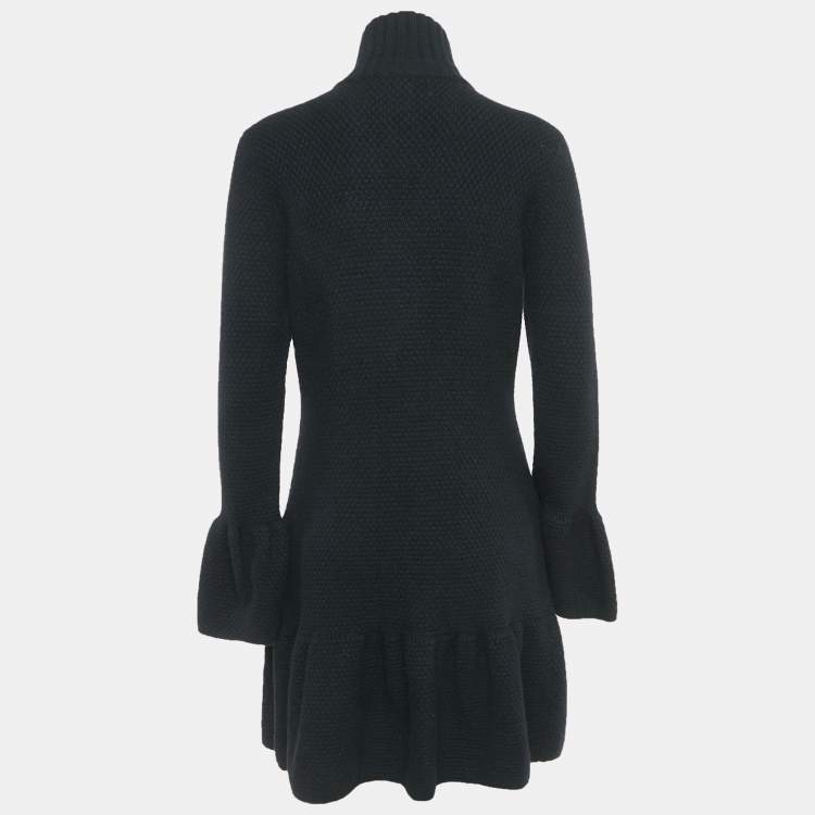 Pre Owned Ralph Lauren Black Cashmere Knit Ruffled Mid-Length Coat L