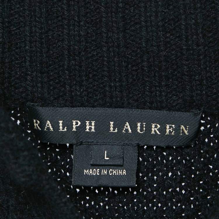Pre Owned Ralph Lauren Black Cashmere Knit Ruffled Mid-Length Coat L