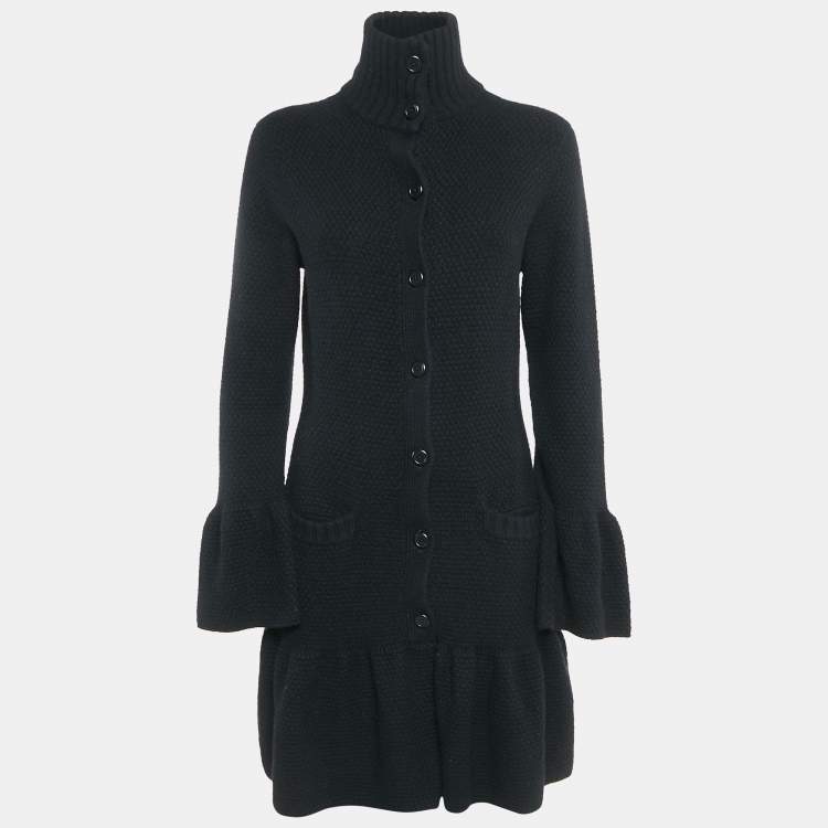 Pre Owned Ralph Lauren Black Cashmere Knit Ruffled Mid-Length Coat L