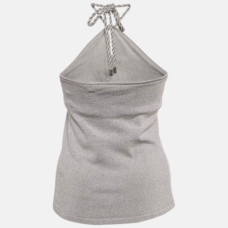 Pre Owned Ralph Lauren Grey Lurex Knit Tie-Up Halter Neck Top M