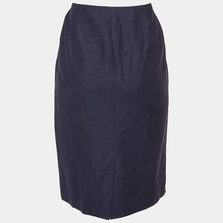 Pre Owned Ralph Lauren Navy Blue Wool & Linen Pencil Skirt M
