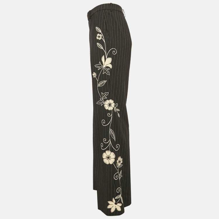 Pre Owned Ralph Lauren Black Embroidered Stripe Wool Wide-Leg Trousers M