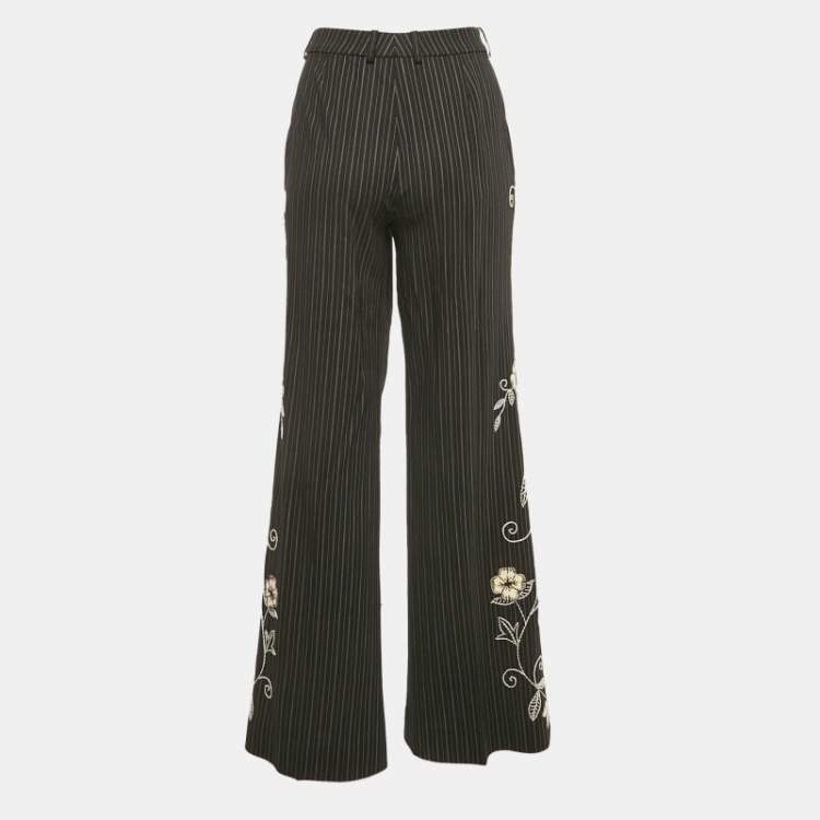 Pre Owned Ralph Lauren Black Embroidered Stripe Wool Wide-Leg Trousers M