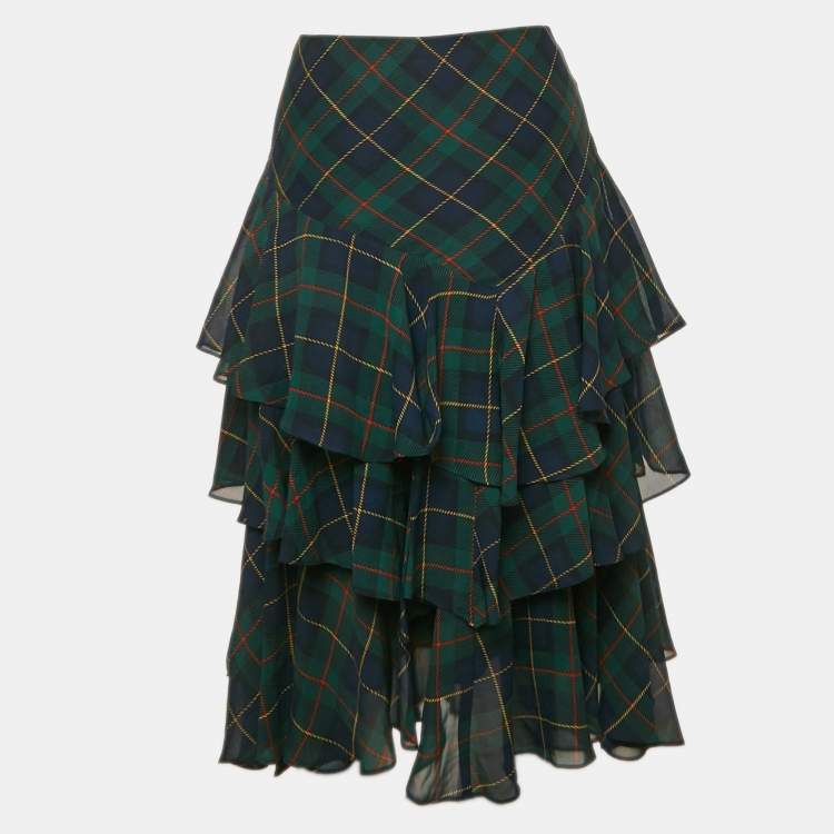 مملوكة مسبقًا Ralph Lauren Green/Multicolor Plaid Crepe Tiered Midi Skirt S
