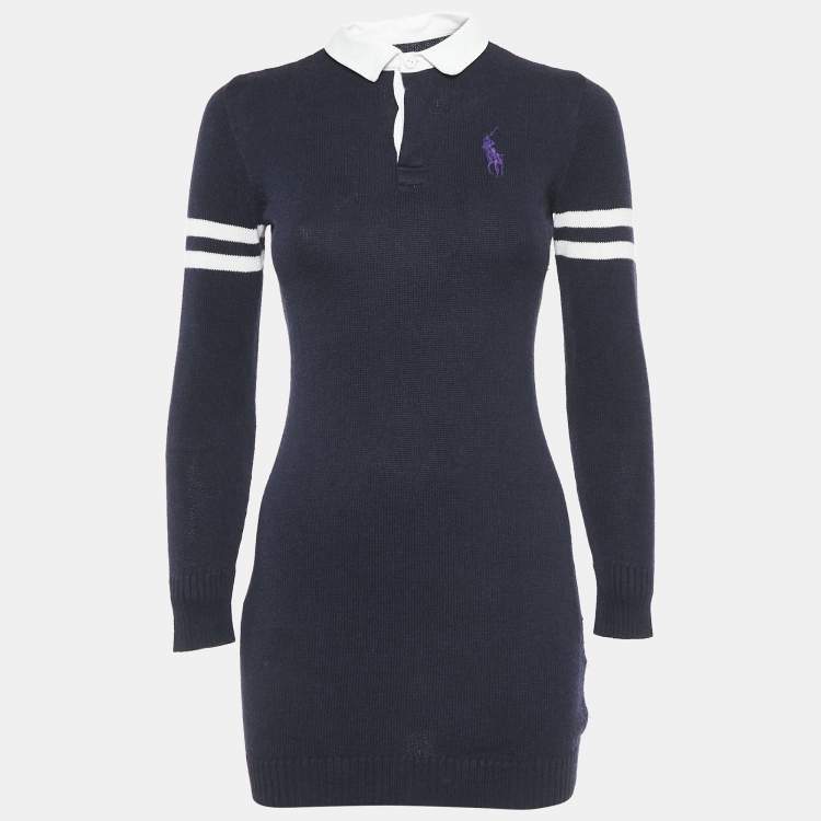 Pre Owned Ralph Lauren Navy Blue Cotton Knit Polo Sweater Dress L