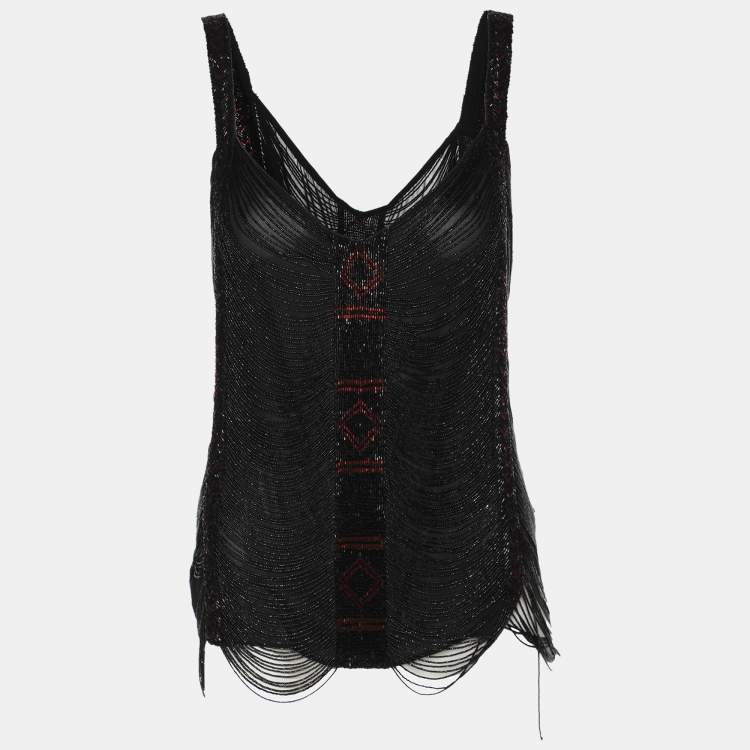 Pre Owned Ralph Lauren Black Silk Beads Embellished Top M