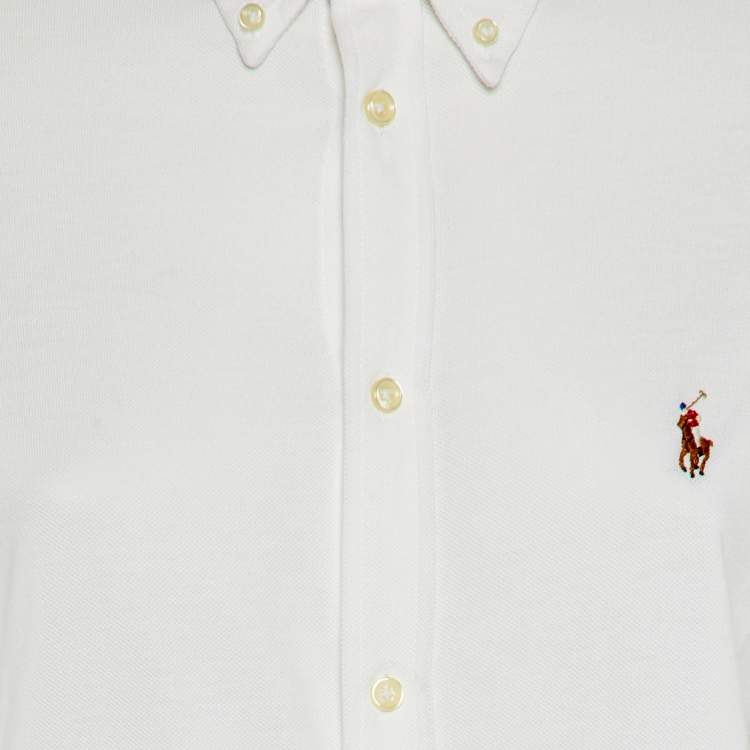 Pre Owned Ralph Lauren White Cotton Knit Oxford Button Down Shirt L