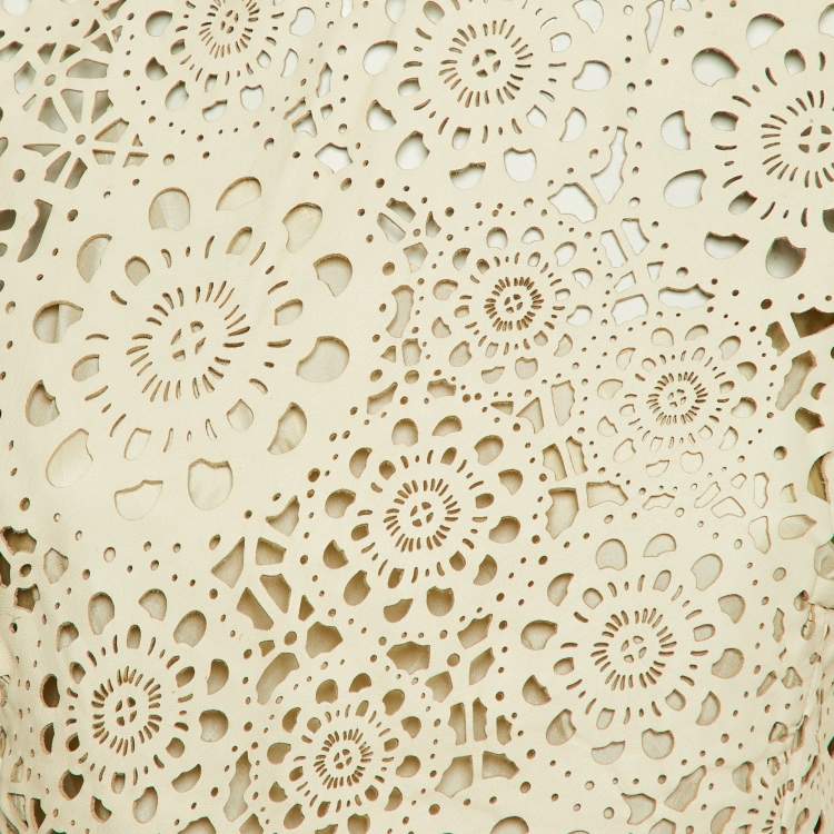 Pre Owned Ralph Lauren Cream Floral Cut Out Leather Peplum Top L