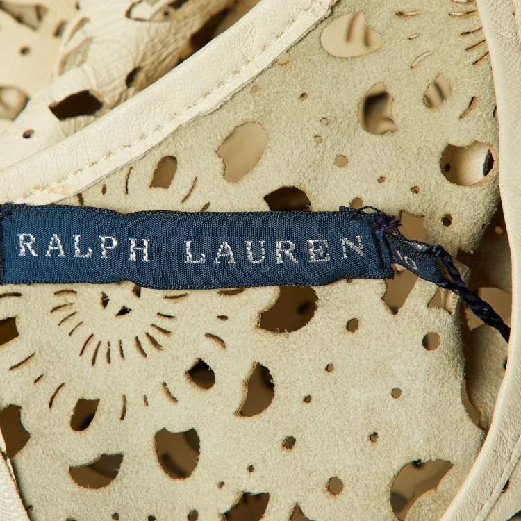 Pre Owned Ralph Lauren Cream Floral Cut Out Leather Peplum Top L
